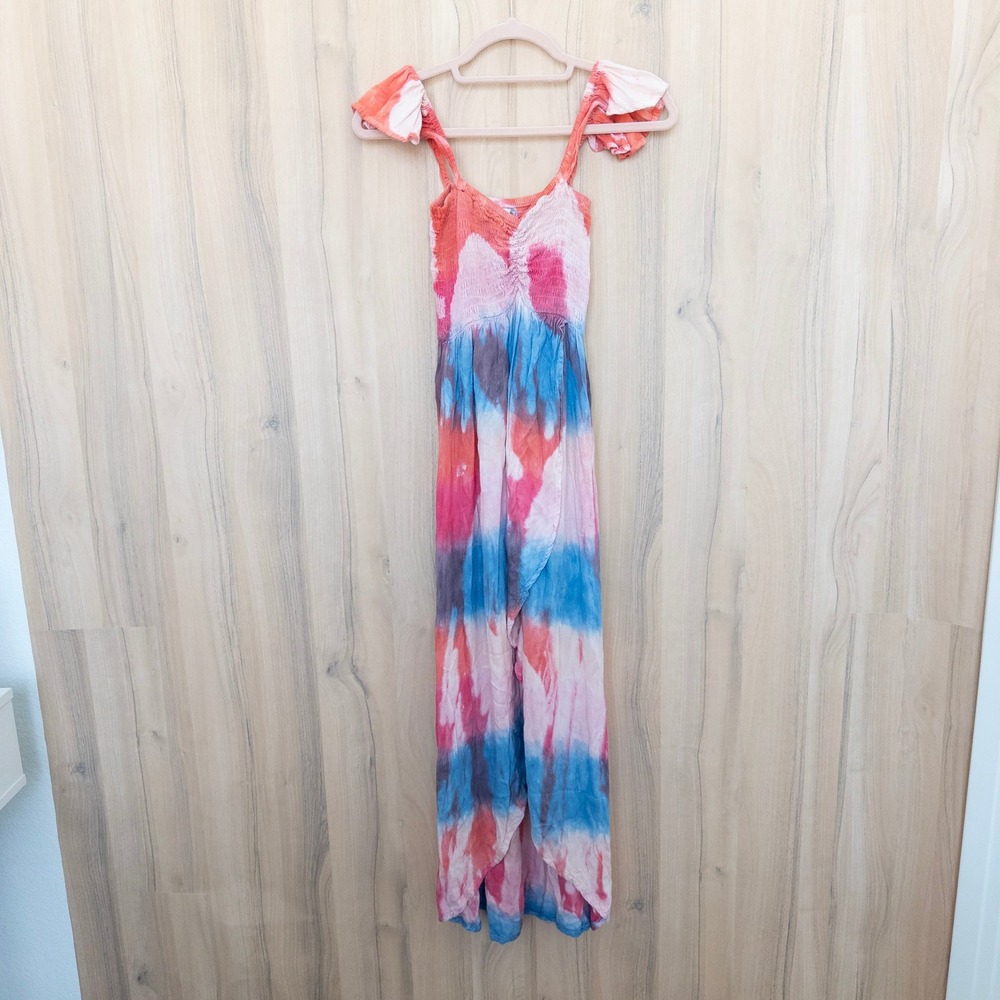 Tiare Hawaii Tie Dye Maxi Dress OS Multicolor Smocked Flutter Sleeve Boho Beach